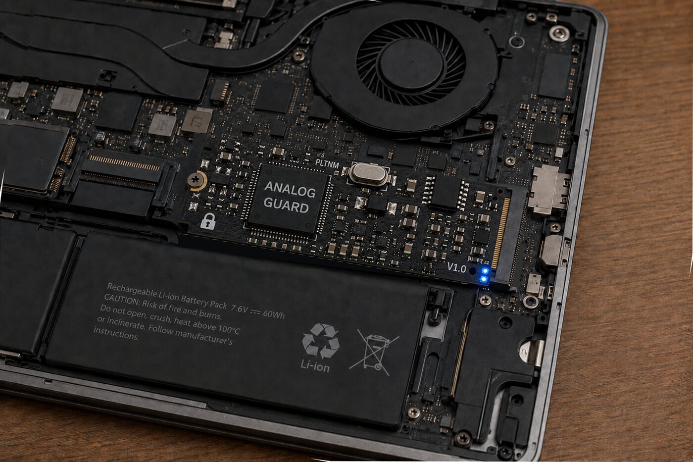 Analog Guard M.2 security module, marked V1.0, installed inside a laptop chassis next to the primary SSD